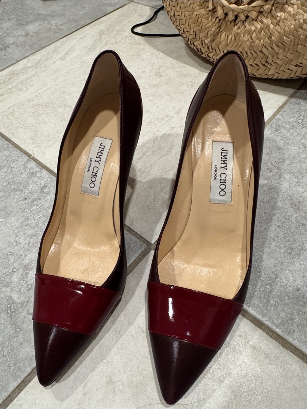 Jimmy Choo Two-Tone Burgundy and Wine Patent Pointed Pumps 38